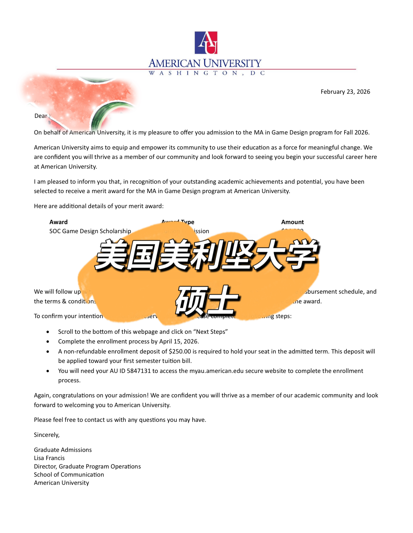 美国美利坚大学游戏设计文学硕士录取书